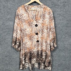 Studio Womens Plus Size 2X Tunic‎ Top Tan Buttons Animal Print Lightweight